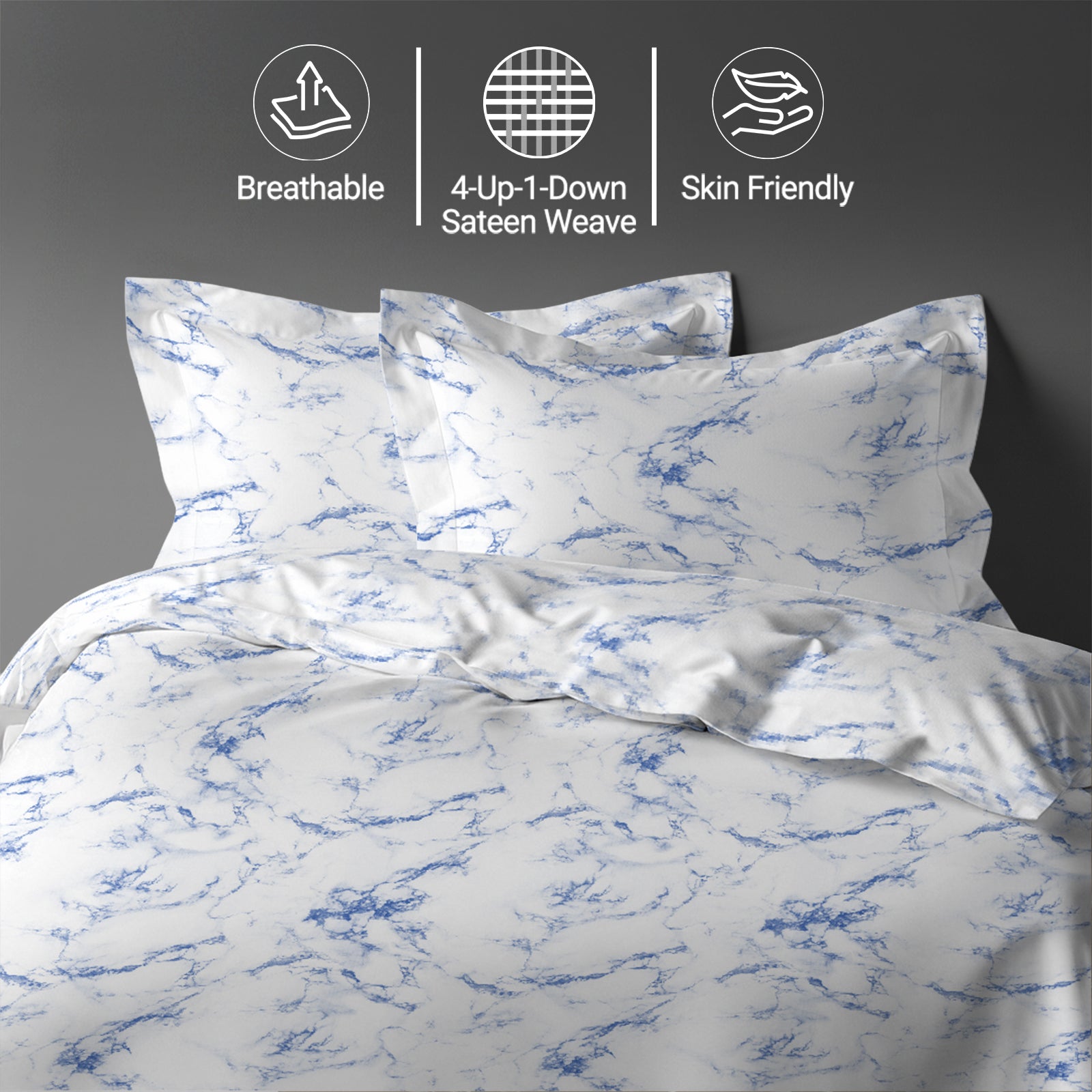 Carrara Marble Blue super king size cotton duvet cover set by Pizuna Linens breathable skin friendly sateen weave
